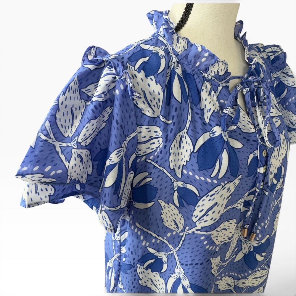 J. Marie Floral Maxi Dress Small Blue White Tiered Tie Neck Romantic Ruffles - Picture 9 of 12